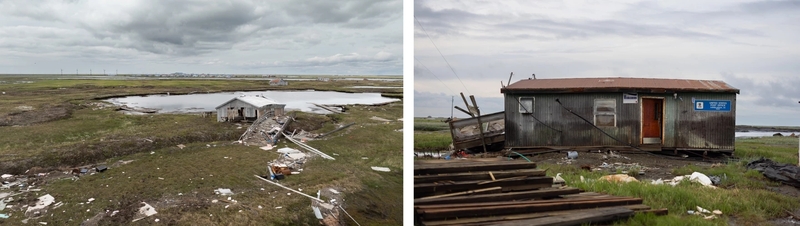 (Left) The Kwigillingok post office sits displaced after floodwaters from ex-Typhoon Halong moved the building from its foundation in Kwigillingok, Alaska, on June 19, 2026. (Right) Houses and debris are scattered across the tundra near Kwigillingok, Alaska, on June 18, 2026. During ex-Typhoon Halong, homes were lifted from their foundations and carried across the tundra and river by floodwaters. Many residents were later airlifted to safety. (Katie Basile for Anchorage Press)
