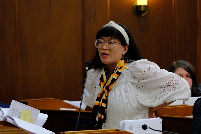 Rep. Genevieve Mina, D-Anchorage, speaks on the House floor on the last day of the regular legislative session on May 20, 2026. (Photo by Corinne Smith/Alaska Beacon)