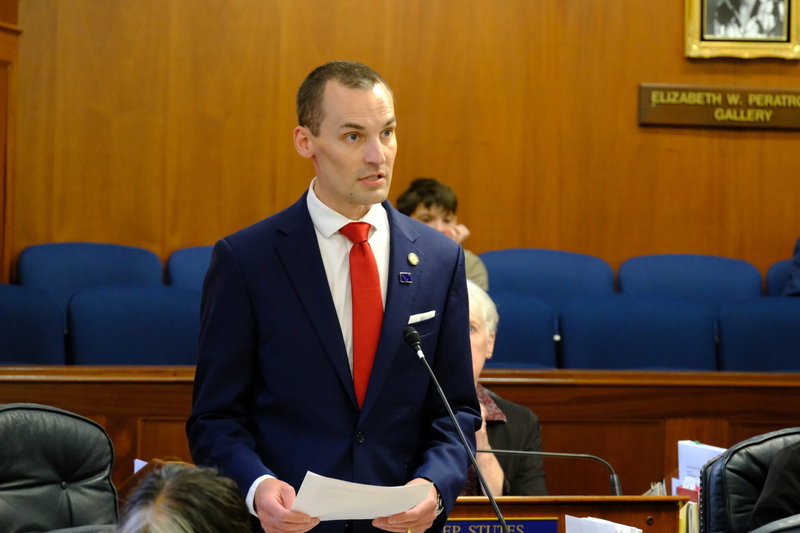 Rep. Calvin Schrage speaks on the House floor in support of the compromise AKLNG gas line tax bill in July 19, 2026. (Photo by Corinne Smith/Alaska Beacon)