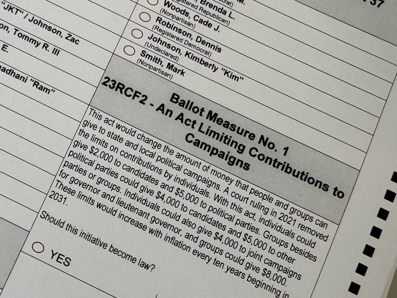 A sample ballot seen at the headquarters of the Alaska Division of Elections on Thursday, July 9, 2026, shows the language for the campaign finance ballot measure. (James Brooks photo/Alaska Beacon)