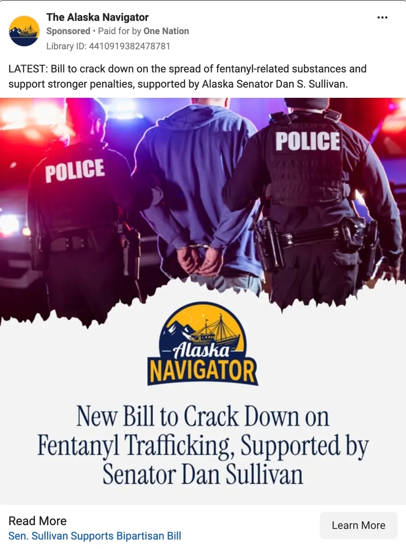 A screenshot of an Alaska Navigator ad on Facebook published by One Nation.