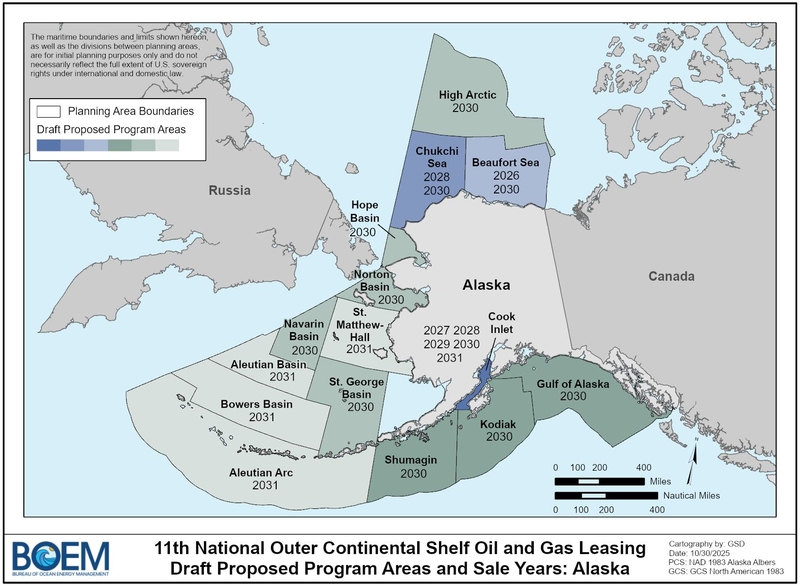 The Trump administration's proposed lease sales in federal waters off Alaska are shown on a map included in the draft five-year leasing plan. (Map provided by the U.S. Bureau of Ocean Energy Management)