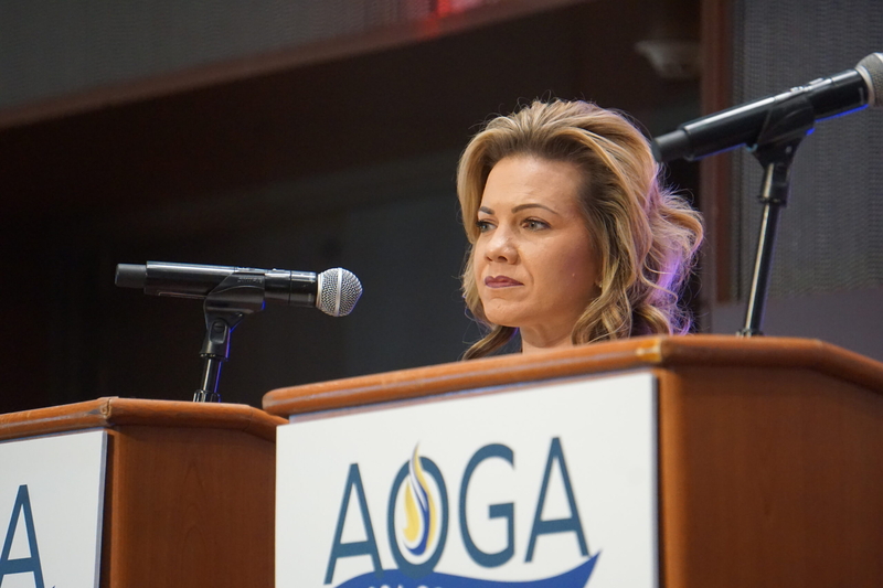 Bernadette Wilson, a Republican candidate for governor, listens sto a question at an Aug. 27, 2026, forum held by he Alaska Oil and Gas Association. (Photo by Yereth Rosen/Alaska Beacon)