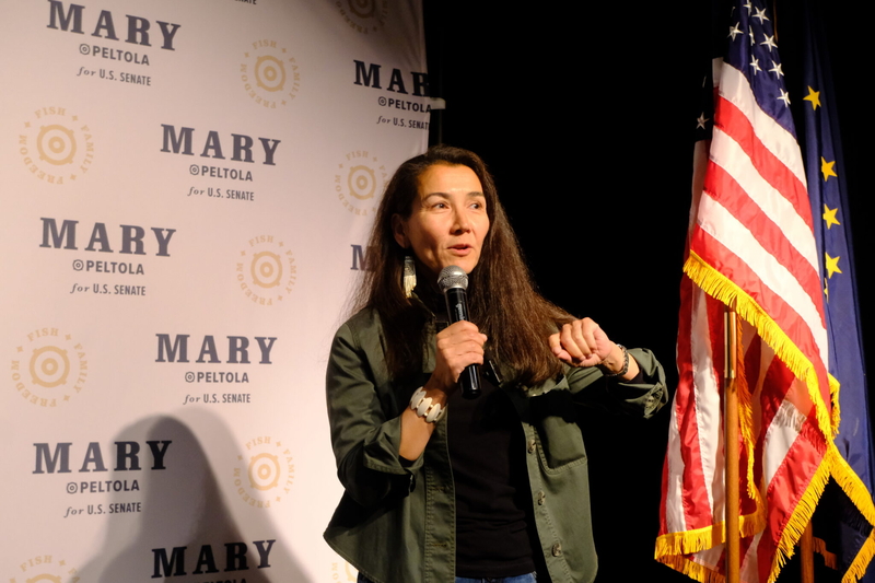 Mary Peltola speaks to a crowd of supporters at a primary election night event in downtown Anchorage on Aug. 18, 2026. (Photo by Corinne Smith/Alaska Beacon)