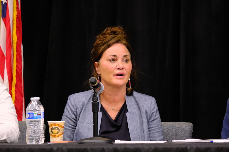 Lesil McGuire speaks at a gubernatorial candidate debate on education on July 30, 2026. (Photo by Corinne Smith/Alaska Beacon)