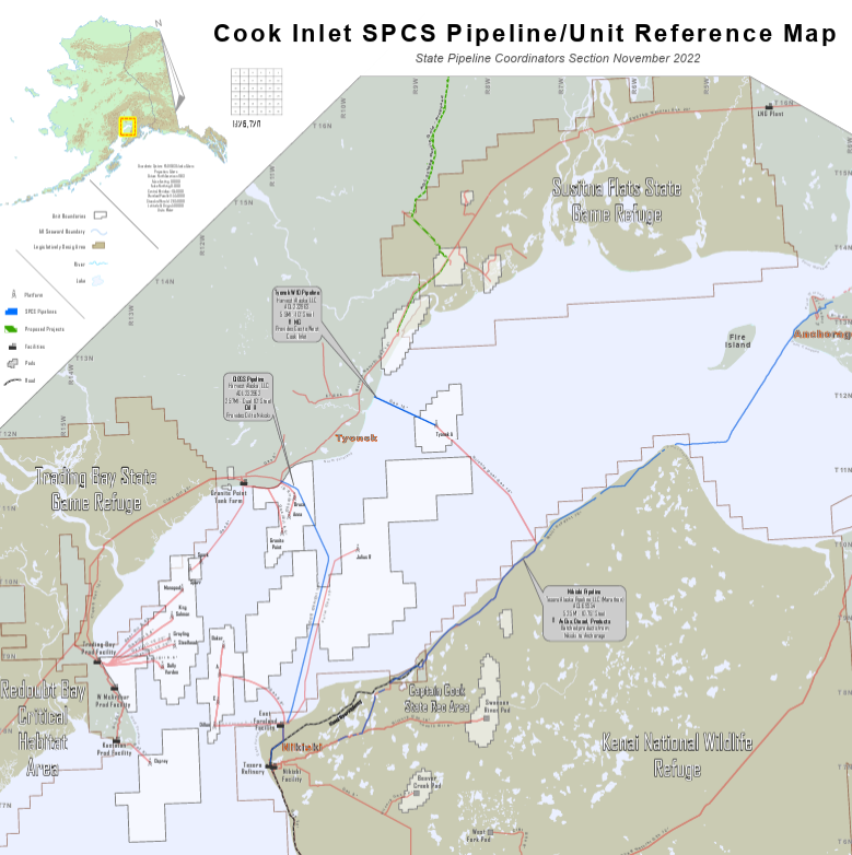A closeup view of a 2022 Alaska Division of Oil and Gas map shows the pipelines and oil and gas platform locations in Cook Inlet. (Map provided by the Alaska Division of Oil and Gas)