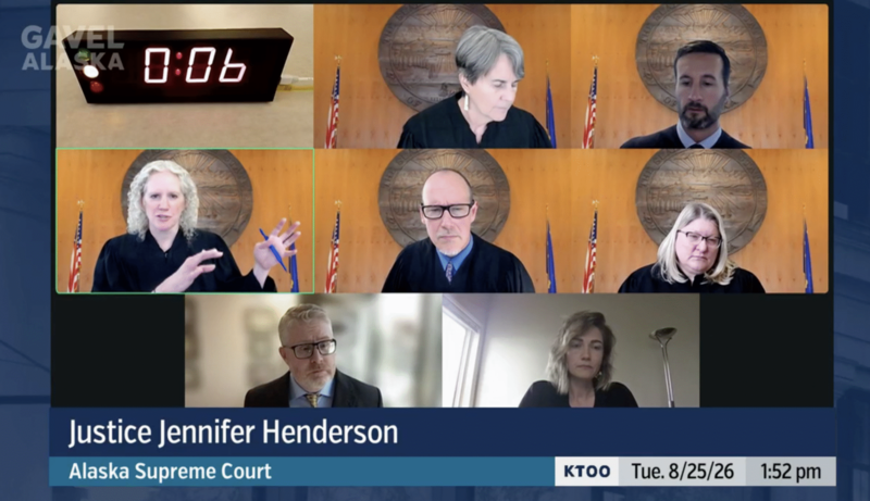 The Alaska Supreme Court heard oral arguments in a case challenging the Alaska Division of Elections' language of a ballot measure that would overhaul state elections on Aug. 25, 2026. (Screenshot of hearing via Gavel Alaska)