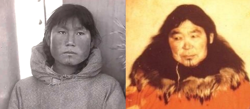 Side-by-side photos show the same chin tattoos on Tummassak, at left, an Alaska Native student who died while attending the Carlisle Indian Industrial School, and Mary Agugaq Avessuk, the great-great-grandmother of Indigenous researcher Nyché Andrew who realized the tattoo linked Tummassak to her own family. (Credit: Photos courtesy of Nyché Andrew and Presbyterian Historical Society)