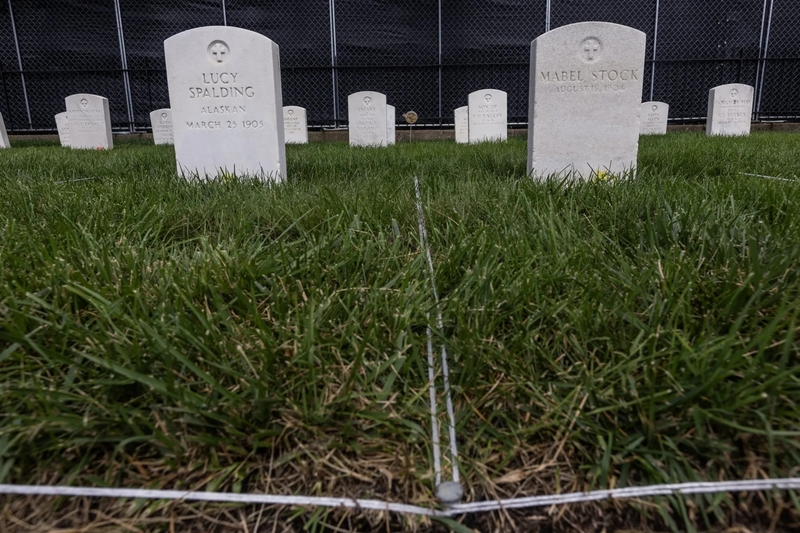 Alaskan Native students Lucy Spaulding (shown as Spalding on the gravestone) and Mabel Stack (shown as Stock) died while attending the Carlisle Indian Industrial School in Pennsylvania more than 100 years ago. Their remains are set to be repatriated back to southeastern Alaska in September 2026. ( Photo by Charles Fox/Special to ICT)