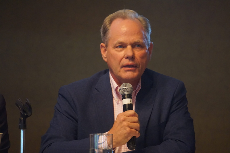 Former Anchorage Mayor Dave Bronson, a Republican, speaks at a gubernatorial candidate forum held in Girdwood on Sept. 16, 2026, by the Alaska Hospital and Healthcare Association. (Photo by Yereth Rosen/Alaska Beacon)
