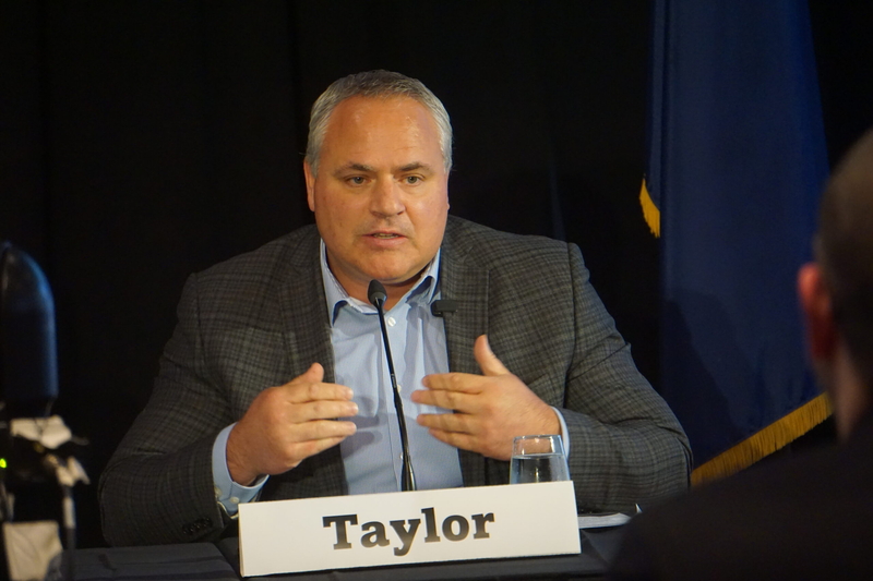 Former Attorney General Treg Taylor speaks at a Sept. 8, 2026, gubernatorial candidate forum held by the Last Frontier Republican Club at the Petroleum Club of Anchorage. (Photo by Yereth Rosen/Alaska Beacon)