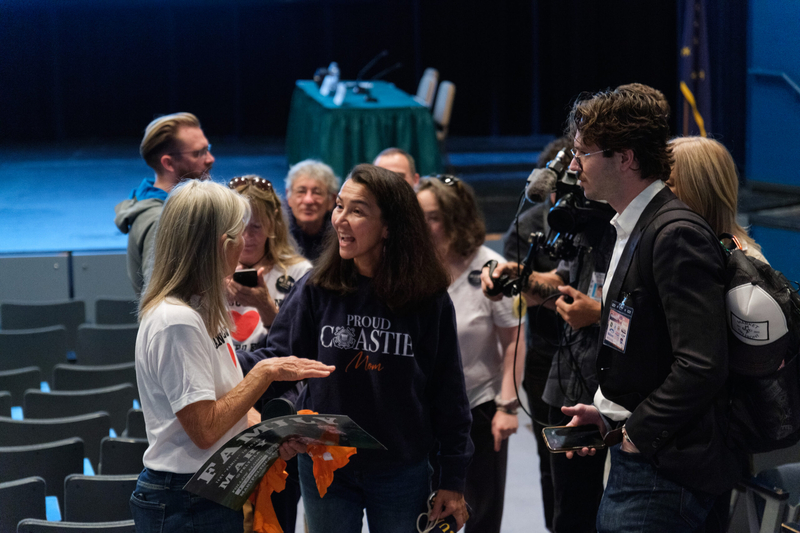Former U.S. Rep. Mary Peltola speaks to audience members at the Sept. 12, 2026, fisheries debate held by the Kodiak Chamber of Commerce. Peltola is trying to unseat Sen. Dan Sullivan, R-Alaska. (Photo by Brian Venua)