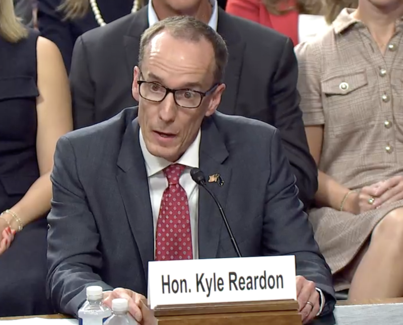 Alaska federal judge nominee Kyle Reardon answered questions from senators at a confirmation hearing before the U.S. Senate Judiciary Committee on Sep. 16, 2026. (Screenshot of U.S. Senate Judiciary Committee livestream)