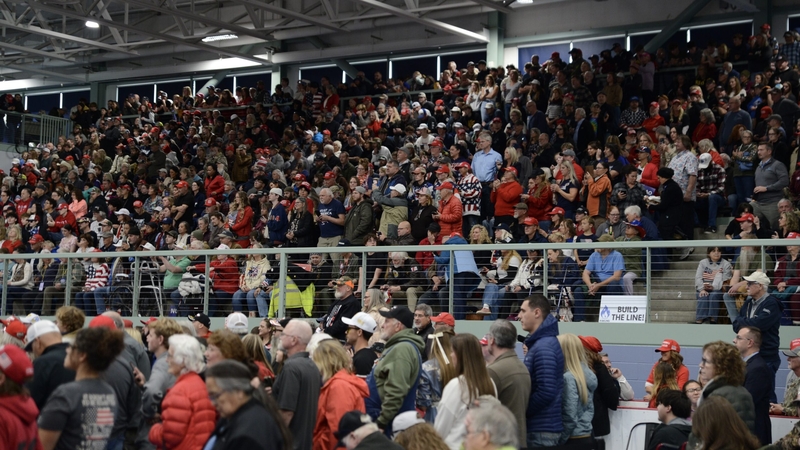 Attendees of President Donald Trump's rally on Tuesday, Oct. 16, 2026, fill the stands of the Menard Center in Wasilla. (James Brooks photo/Alaska Beacon)