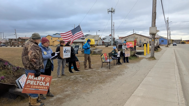 Roughly 10 people rallied in Nome for the No Kings get-out-the-vote event on Oct. 17, 2026, according to organizers. (Photo courtesy of Hannah Anderson)