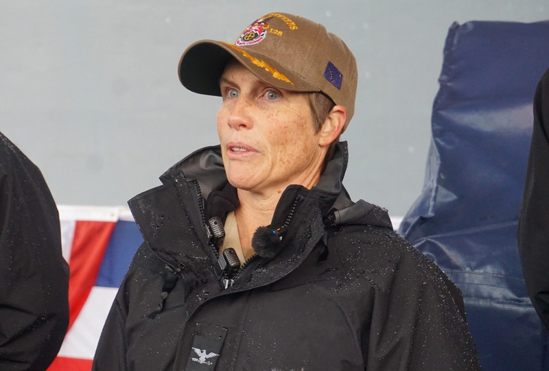 Captain Mary Katey Hays, commanding officer of the USS Ted Stevens, speaks to reporters in Whittier during an Oct. 1, 2026, media tour. (Photo by Yereth Rosen/Alaska Beacon)