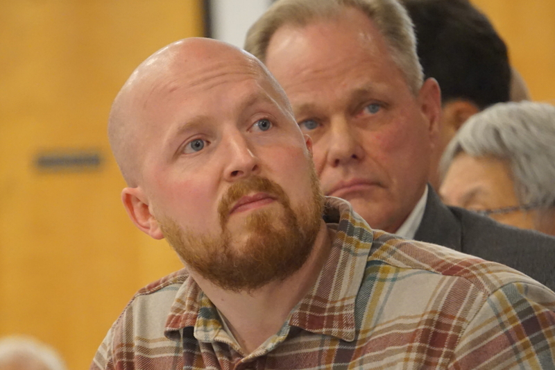 Jonathan Kreiss-Tomkins and Dave Briondon at the Justice Organizing Interfaith Network (JOIN) gubernatorial candidate forum on Oct. 19, 2026, at St. Anthony Catholic Church in Anchorage. (Photo by Yereth Rosen/Alaska Beacon)