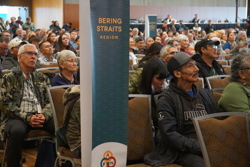 Attendees from the Bering Straits region listen to a speech by U.S. Sen. Dan Sullivan on Oct. 22, 2026, at the Alaska Federation of Natives convention. (Photo by Yereth Rosen/Alaska Beacon)