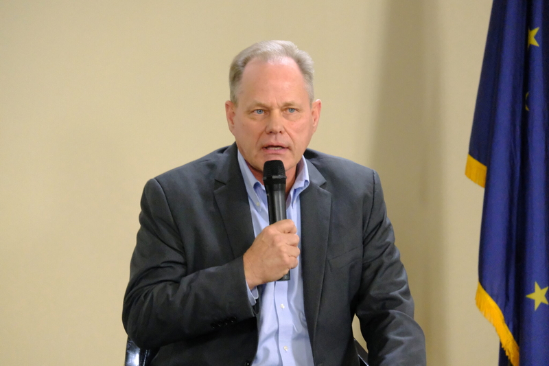 Dave Bronson, a Republican candidate for governor, speaks at a candidate forum hosted by the Juneau Chamber of Commerce in Juneau on October 7, 2026. (Photo by Corinne Smith/Alaska Beacon)