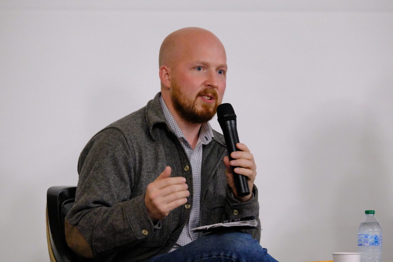 Democrat Jonathan Kreiss-Tomkins, a candidate for governor, speaks at a candidate forum hosted by the Juneau Chamber of Commerce in Juneau on October 7, 2026. (Photo by Corinne Smith/Alaska Beacon)