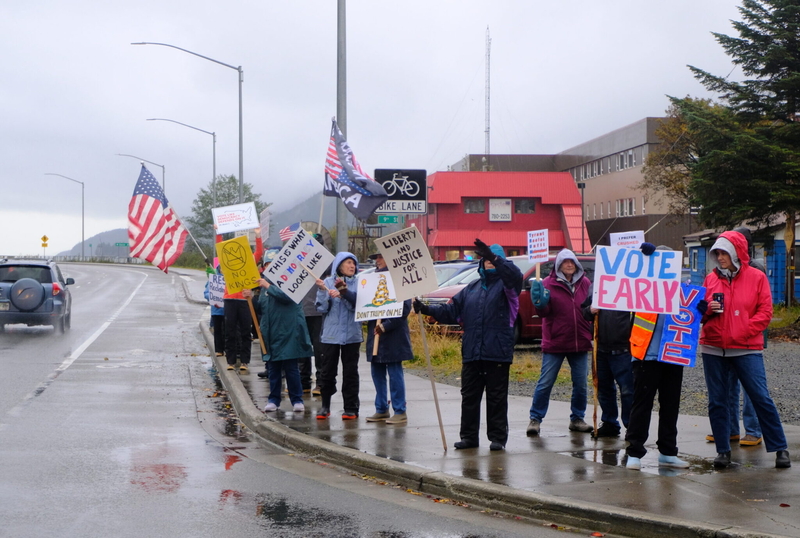 Demonstrators rally at a No Kings protest in Juneau on Oct. 17, 2026. (Photo by Corinne Smith/Alaska Beacon)