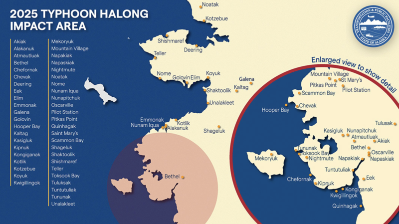 The remnants of Typhoon Halong that hit Western Alaska in October of 2025 impacted more than 45 communities. (Alaska Department of Transportation and Public Facilities map)