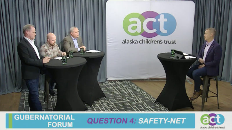 Three of the four Alaska gubernatorial candidates, Republican Dave Bronson (left) Democrat Jonathan Kreiss-Tomkins and Republican Treg Taylor participate in a forum hosted by the Alaska Children's Trust on Oct. 26, 2026. (Screenshot of Facebook livestream)