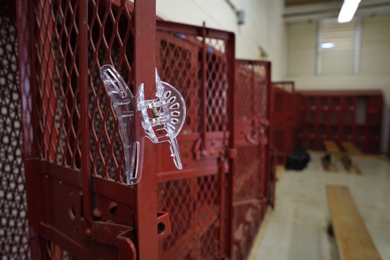 Radford High School girls locker room contains the same number of lockers as the boys locker room, but the space is smaller photographed Monday, Feb. 12, 2024, in Honolulu. Title IX requirements create equal amenities for all athletes. (Kevin Fujii/Civil Beat/2024)