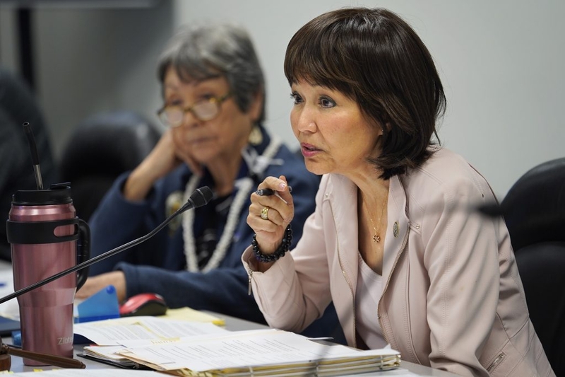 Senate committee on higher education committee chair Donna Mercado Kim asks Lauren Akitake a question during her confirmation hearing for University of Hawaii Board of Regents Tuesday, Feb. 27, 2024, in Honolulu. (Kevin Fujii/Civil Beat/2024)