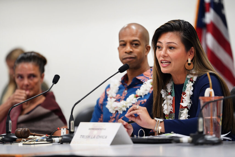 Hawaii state House of Representatives Committee on Education Vice Chair Trish La Chica, right, questions Department of Education Deputy Superintendent Randy Moore during a special Informational Briefing on Thursday, Aug. 15, 2024, in Honolulu. The hearing outside of regular session is to learn about the bus-driver shortage and informing parents with only three days before school began.  Chair Justin Woodson, center, and Rep. Amy Perruso, left, look on. (Kevin Fujii/Civil Beat/2024)