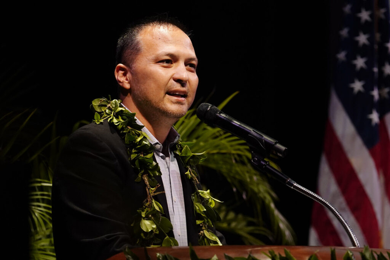 Maui County Managing Director Josiah Nishita introduces Maui Mayor Richard Bissen for his state of the county address Friday, March 7, 2025, in Kahului. (Kevin Fujii/Civil Beat/2025)