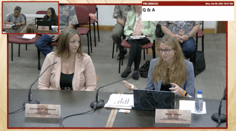 Molly Crane, right, a lawyer with Families for Justice Reform, makes a case for compassionate release on Oct. 6 during a briefing before the House Public Safety Committee. Jpoining her is Christin Johnson, oversight coordinator for the Hawaiʻi Correctional System Oversight Commission.