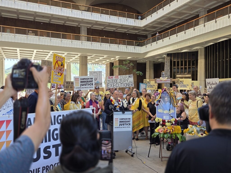 Gov. Josh Green speaks at a rally at the Capitol on Tuesday, Jan. 27, 2026 protesting ICE and the federal government's immigration enforcement policy.