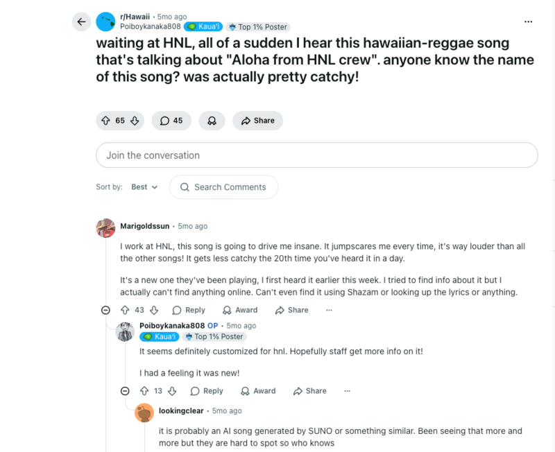 A Reddit thread commenting on AI-generated music on the playlist of the Honolulu airport sound system.