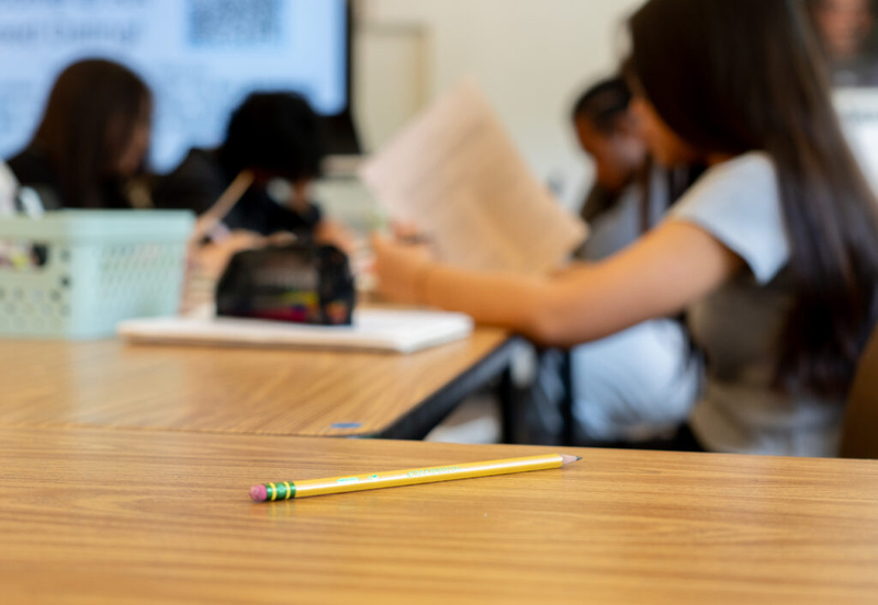 A number two pencil on a desk at McKinley High School May 1, 2026. (Craig Fujii/Civil Beat/2026)