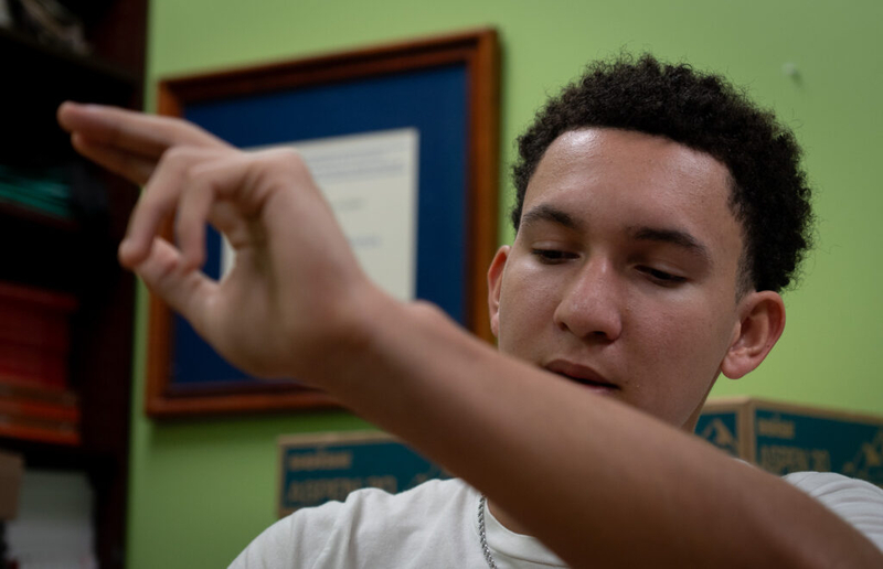 Senior Kingston Collman discusses his AI driven project at Hawaiʻi Technology Academy in Waipahu May 4, 2026. (Craig Fujii/Civil Beat/2026)