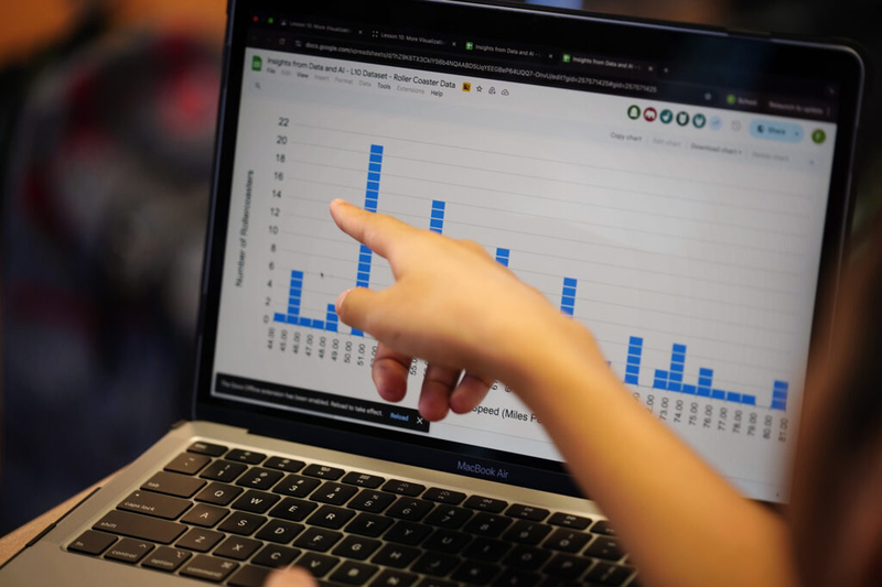 A Kūlia Academy student points out data Thursday, May 7, 2026, in Honolulu. (Kevin Fujii/Civil Beat/2026)