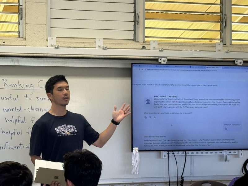 6th grade teacher Tyler Kojima incorporates tools like AI chatbots into his world history classes. Kojima uses MagicSchool, an AI platform piloted by the education department.