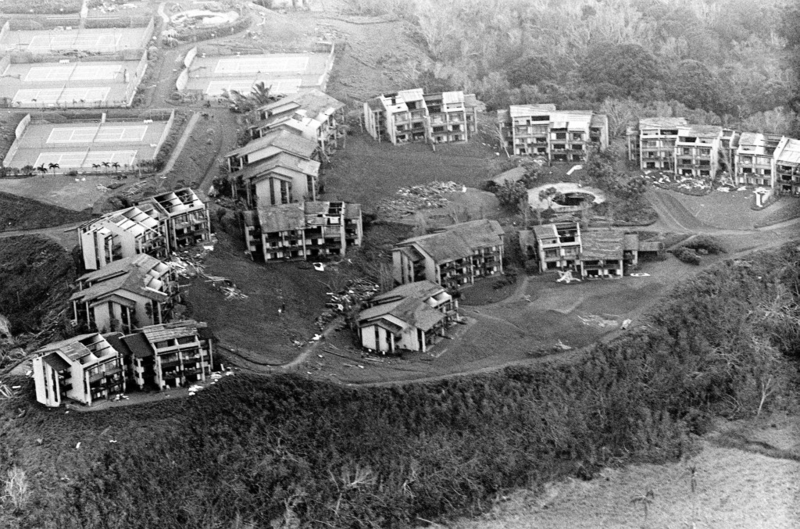 A black and white aerial view of devastation left behind by hurricane Iwa.