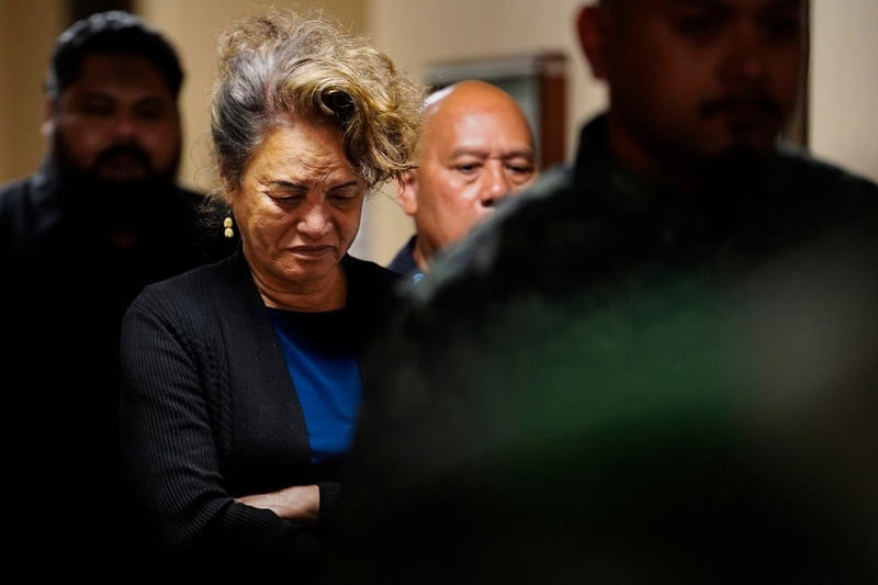 Supporters of Sina Pili leave the courtroom after her arraignment on manslaughter charges Thursday, March 13, 2025, in Honolulu. Pili’s adopted daughter Azaeliyah Pili-Ah You died Dec. 22, 2023. Emergency services found Azaeliyah unresponsive with bruises on her body and face in Pili’s Lā’ia home. Pili worked as a Department of Education behavioral health specialist since 2015. (Kevin Fujii/Civil Beat/2025)