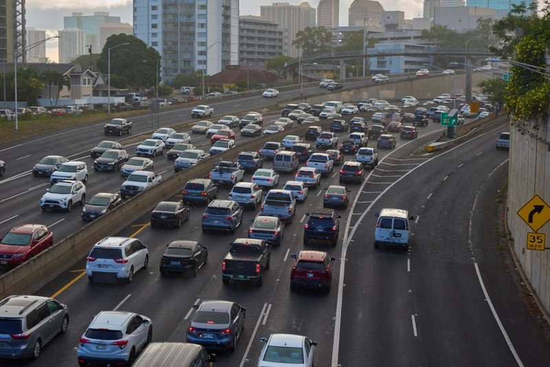 Tsunami Traffic heading away from Ocean areas was very evident on major arteries including the H1 Freeway through Honolulu and Ward Avenue heading toward the mountain and away from the ocean. scenes were photographed between 5 and 6 pm July 29th, 2025 (David Croxford/Civil Beat/2025)