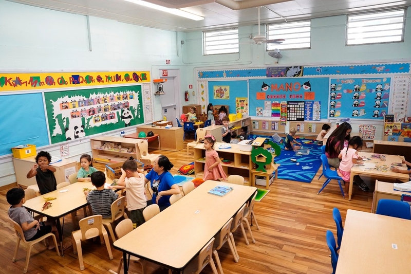 Waikīkī Community Center Preschool Manō class students and teachers work in their classroom Thursday, Sept. 11, 2025, in Honolulu. (Kevin Fujii/Civil Beat/2025)