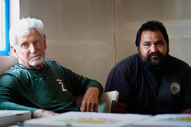 Molokaʻi cattle ranchers including Kip Dunbar, left, and MP Kamakana talk story with Honolulu Civil Beat Wednesday, May 27, 2026, in Kaunakakai. (Kevin Fujii/Civil Beat/2026)