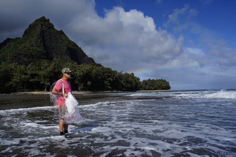 Keli‘i Alapa‘i scans below the surface of the Hāʻena community fishing waters Sunday, June 28, 2026, in Hāʻena.