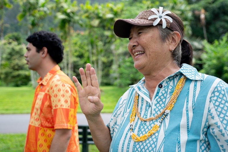 Maile Keamoai-Kane, right, went to the Hawaiʻi School for the Deaf and Blind in the 60s-70s. Kekai Kaaumoana-Cummings is at left. They were photographed at Ho'omaluhia Botanical Gardens in Kāneʻohe June 15, 2026. (Craig Fujii/Civil Beat/2026)