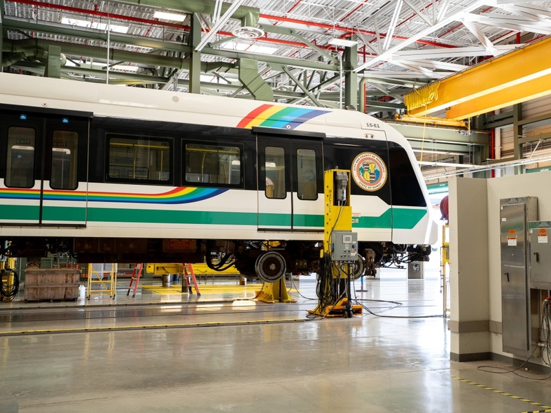 A Hitachi Skyline train in a maintenance bay at Skyline's maintanence facility adjacent to Leeward Community College  June 25, 2026. (Craig Fujii/Civil Beat/2026)