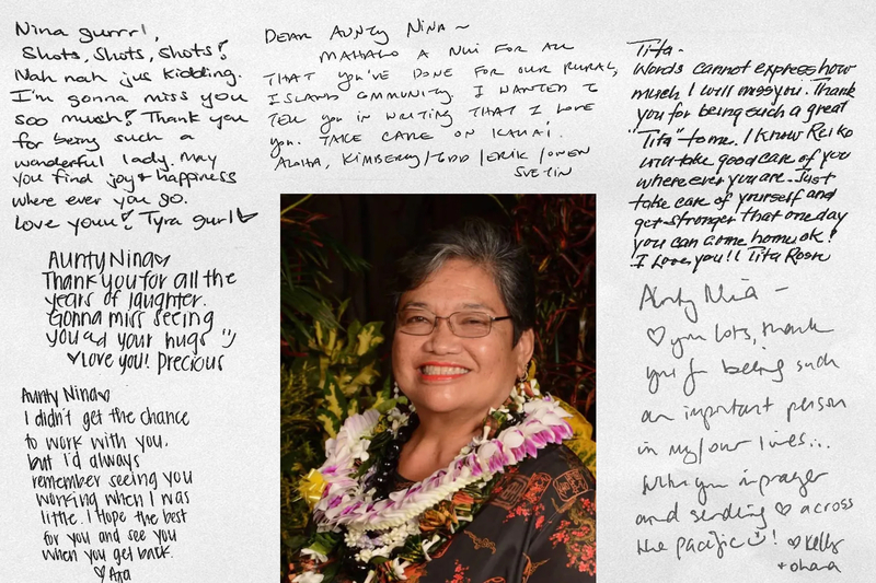 Photo illustration of an image of Nina Greenleaf wearing a lie bordered by handwritten goodbye notes.