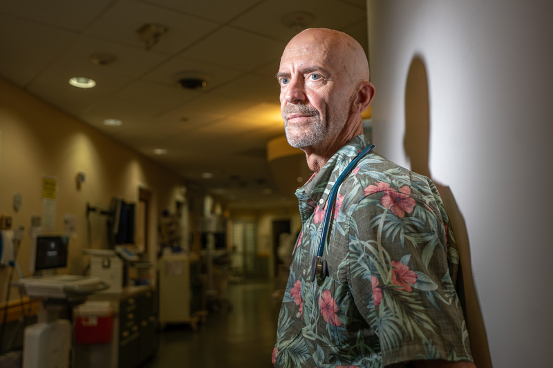 Emergency physician Mark Baker has watched the slow-motion toll meth has taken on countless patients since its beginnings in the late 1980s. He was photographed before a shift on Oʻahu July 31, 2026. Baker created EndMeth.org which is pushing for more effective treatments, such as "contingency management," which is being used in California to treat meth dependence.