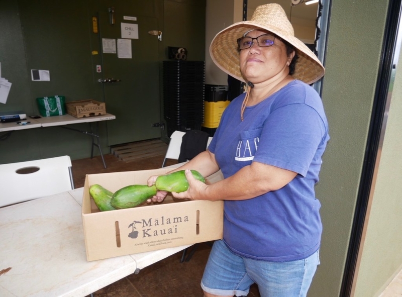 DHHL farmer Becky Asano Santos drops off produce at Mālama Kauaʻi's collection hub in Moloaʻa.