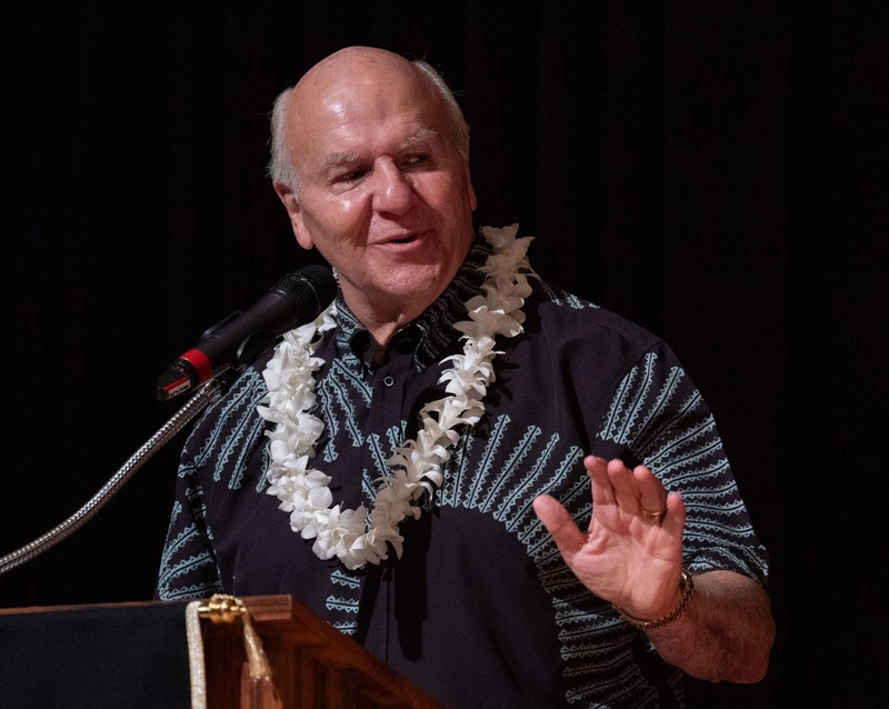 Mayor Rick Blangiardi speaking during HPD Chief David Lazar's swearing in ceremony at Memorial Auditorium in Honolulu July 2, 2026. (Craig Fujii/Civil Beat/2026)